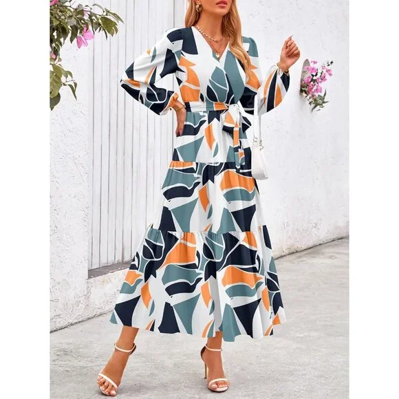 PrettyGarden Women Navy Geometry Polyester V Neck Long Sleeve Floral Maxi Dress - Picture 3 of 5